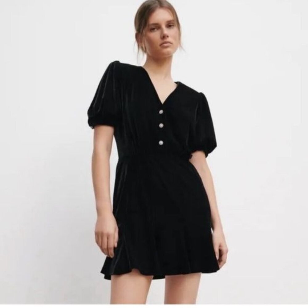 NWT Zara Black Velvet Puff Sleeve Mini Dress XS Goth Event Whimsigoth Classic
